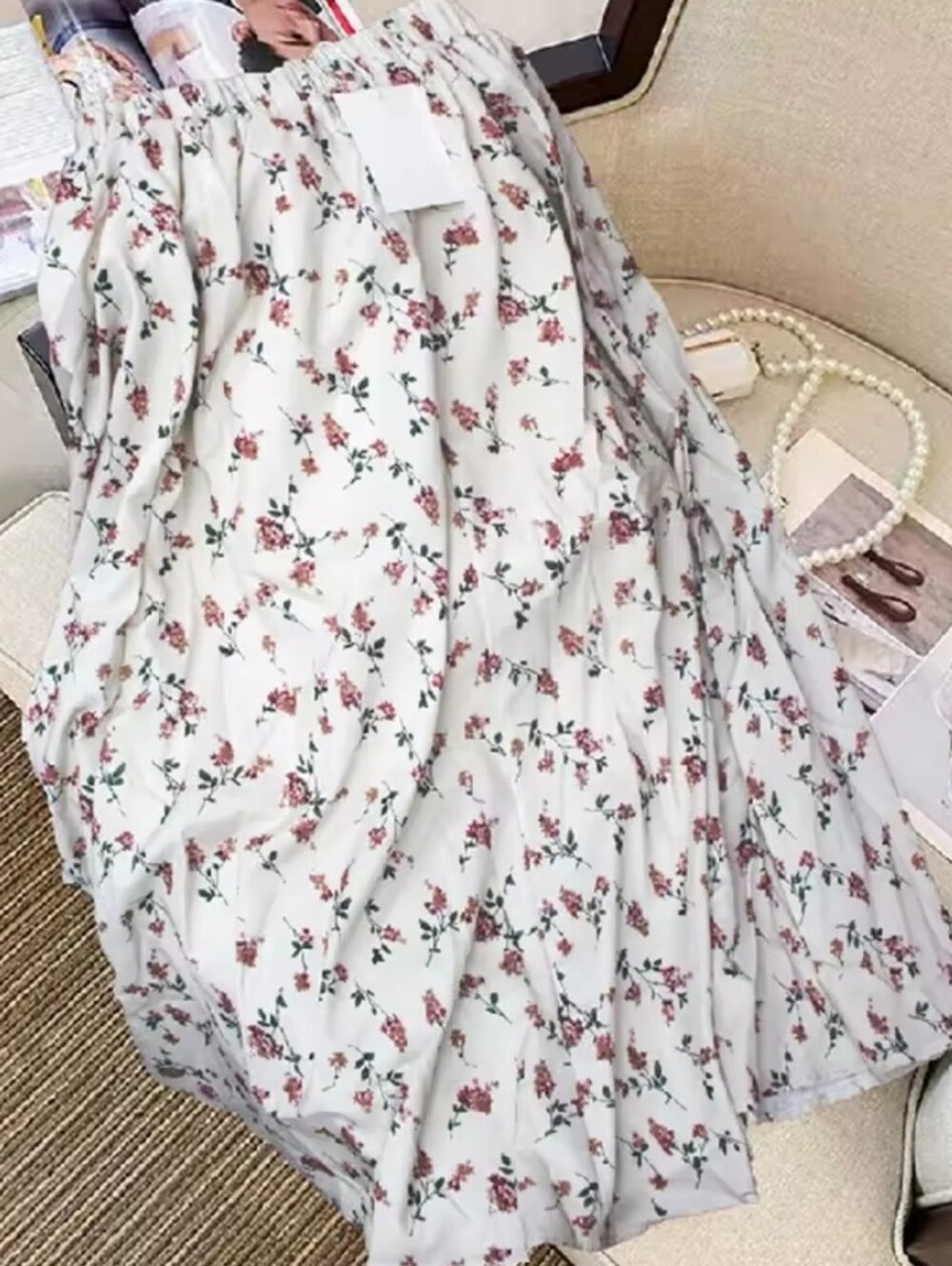 Source Unknown White Midi Skirt with Pink Floral Print